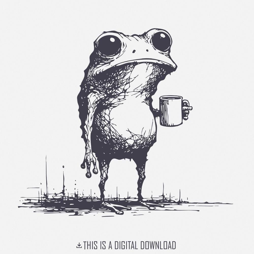 Sarcastic Frog with Coffee Cup PNG, Funny Animal Design, Vintage Frog Art, Quirky Amphibian Sublimation, Coffee Lover Gift Shirt  Illustrations freelancer