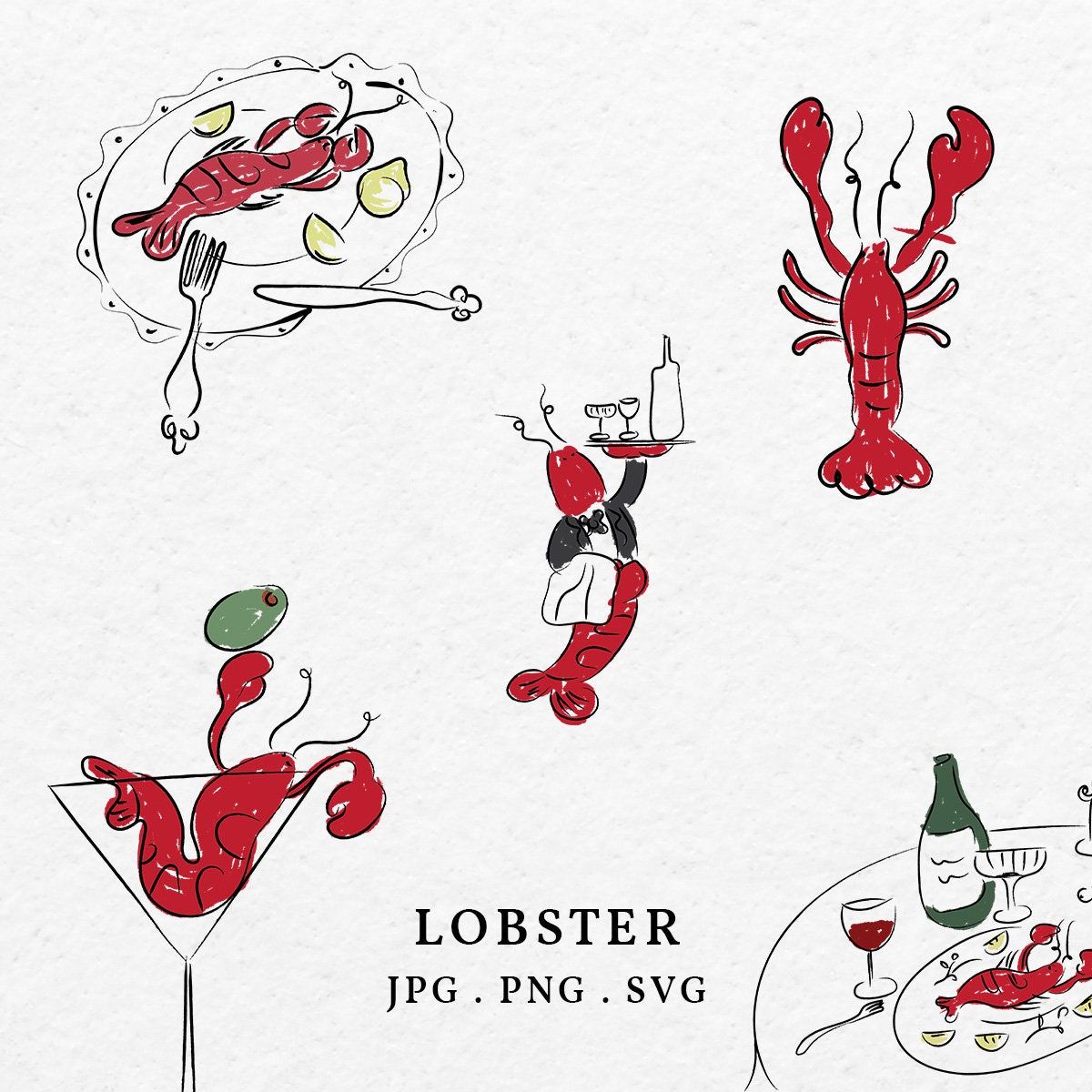 Lobster Illustration With Color Bundle SVG PNG – Hand Drawn Whimsical Clip Art Icon For Wedding Invitation Menu Crayfish Crawfish Outline  Illustrations freelancer
