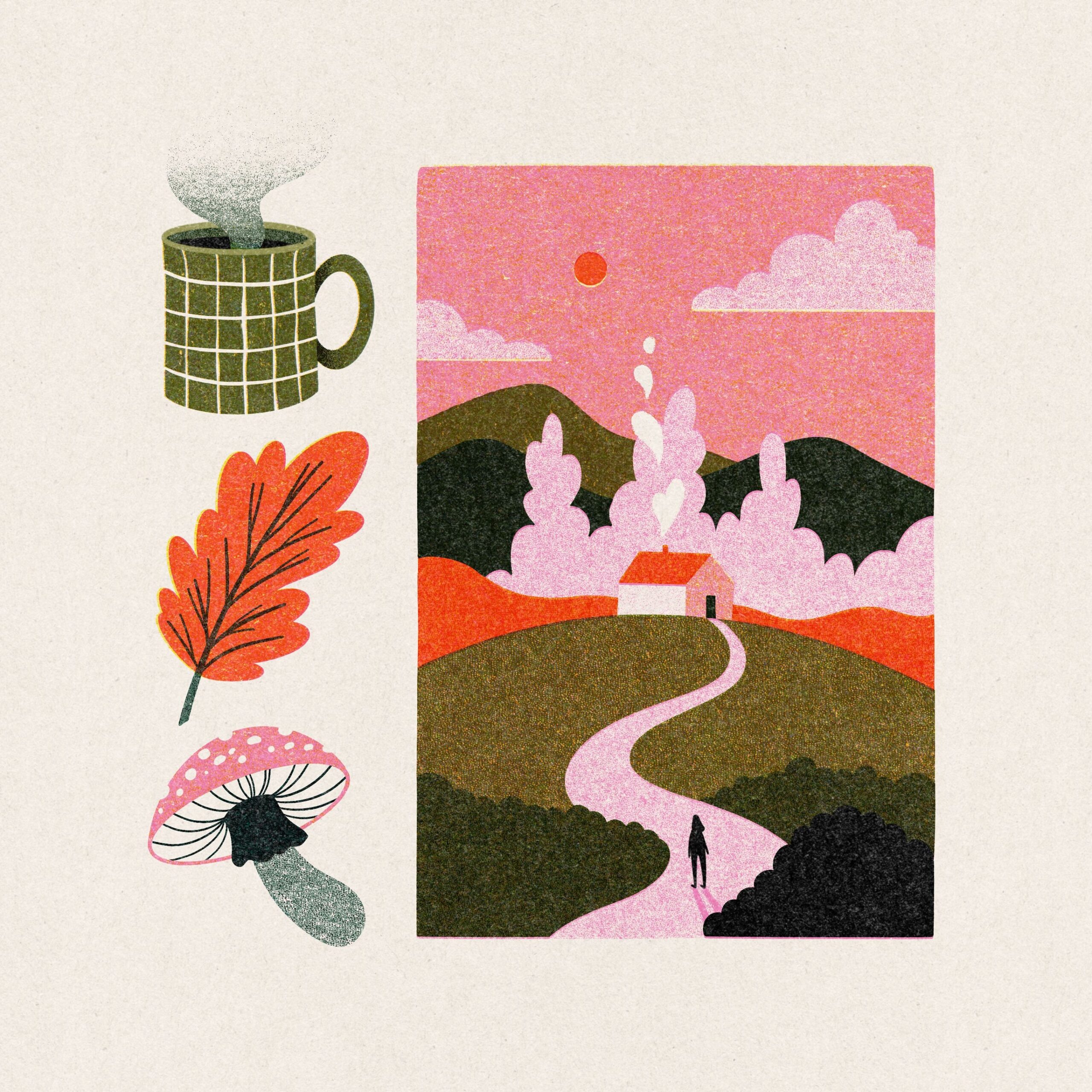 Ilustración otoñal con casa, hoja, hongo y taza – Arte folk con sabor a hogar  Illustrations freelancer
