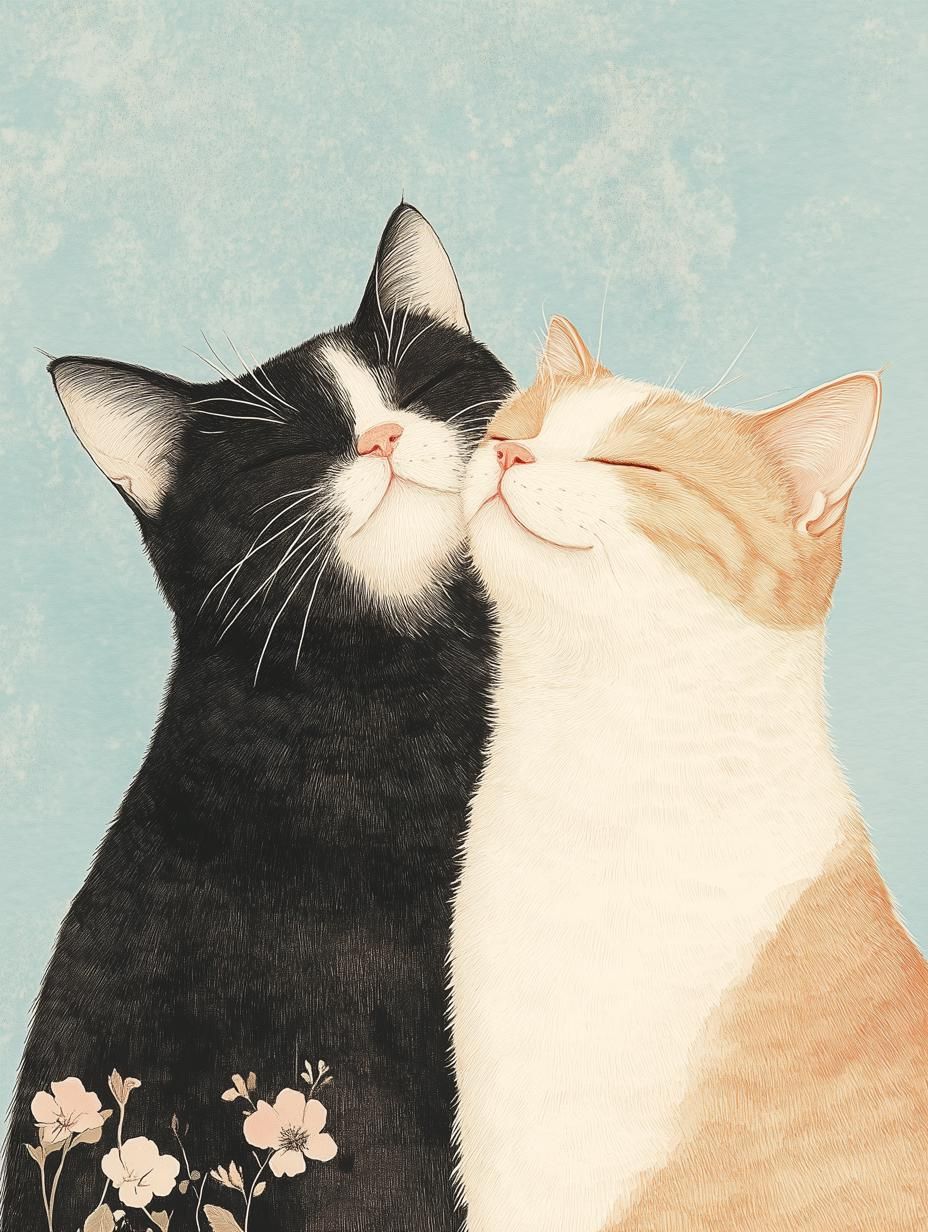 Impression sur toile adorable couple de chats inspirée de l’art contemporain pour la décoration intérieure et les amoureux des animaux en téléchargement numérique  Illustrations freelancer